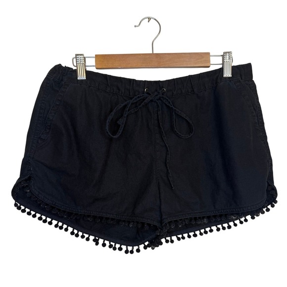J. Crew Shorts Women Med Black Linen Blend Pom Pom Trim Coastal Preppy Summer - Picture 2 of 8